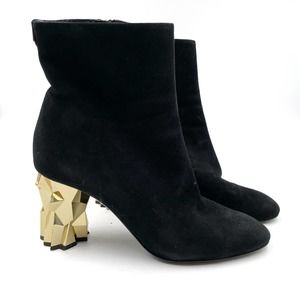 Giuseppe Zanotti Black Suede Boot Gold Geometric Heel Ankle Sz 40 / 9.5 Women's
